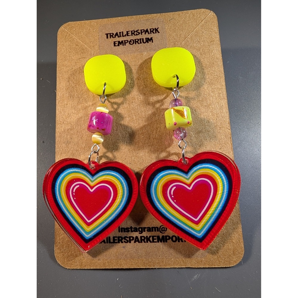 Trailerspark Emporium Neon Yellow Rainbow Heart Acrylic Earrings Nickel Free
